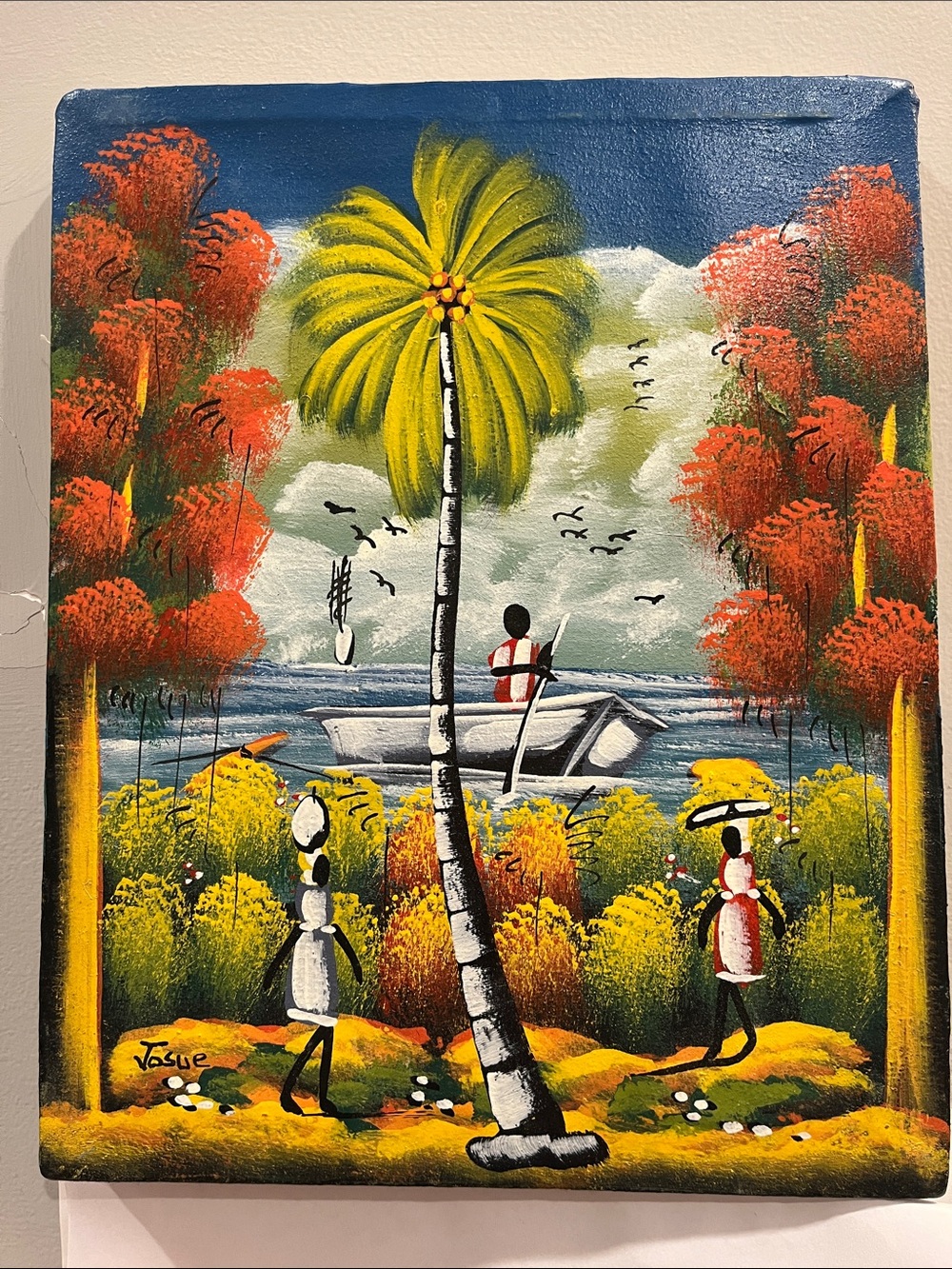 Caribbean Tropical Folk Art Painting Palm Tree Coastal Landscape Signed 8.5x10